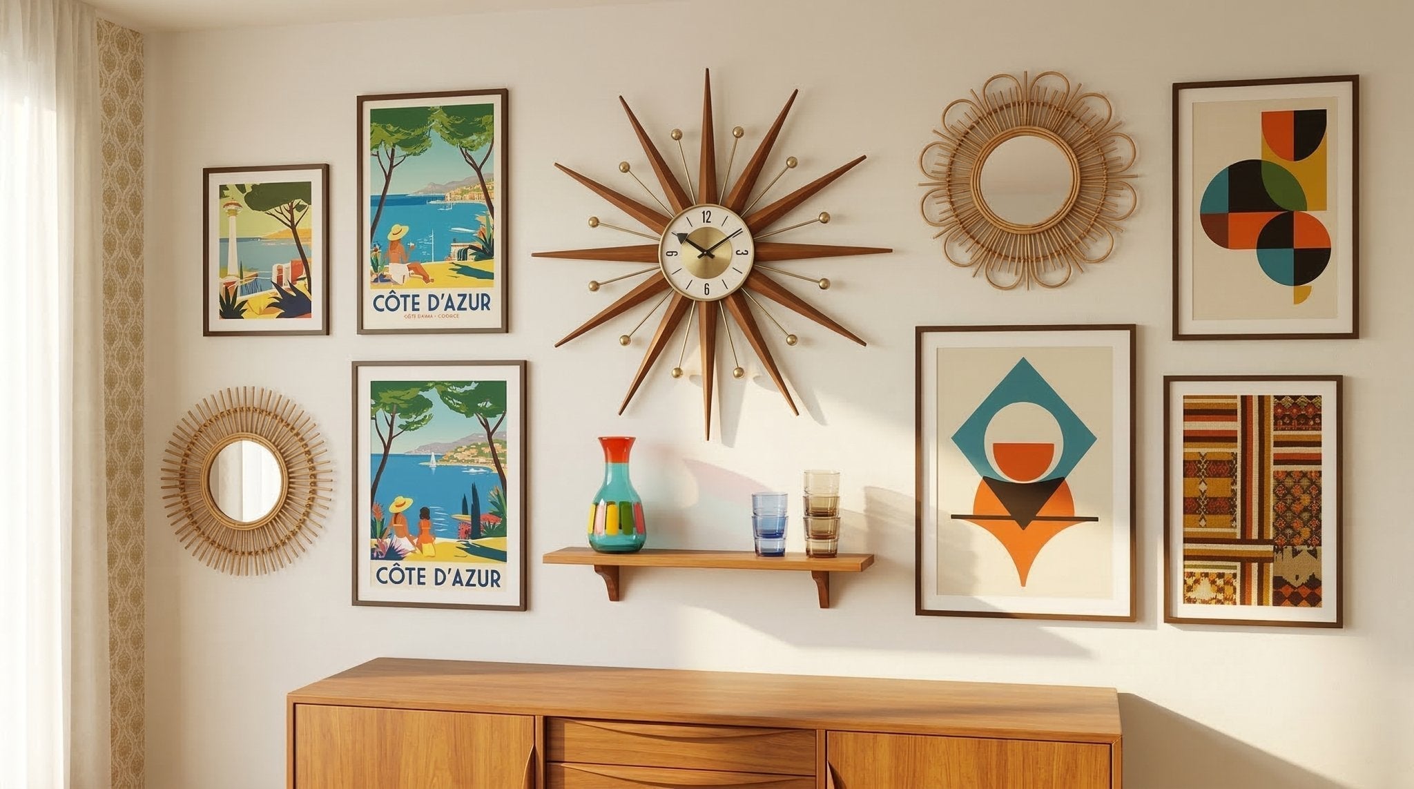 Composition murale vintage : horloge design, affiches rétro et miroirs en rotin au-dessus d'une enfilade.