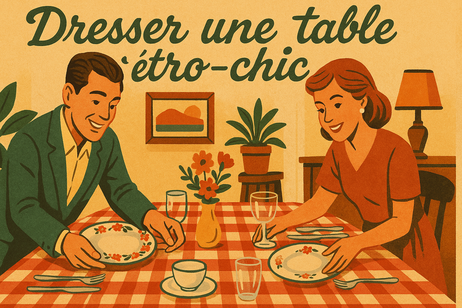 Dîner rétro-chic avec vaisselle fleurie sur une table à nappe Vichy, ambiance vintage et moderne.