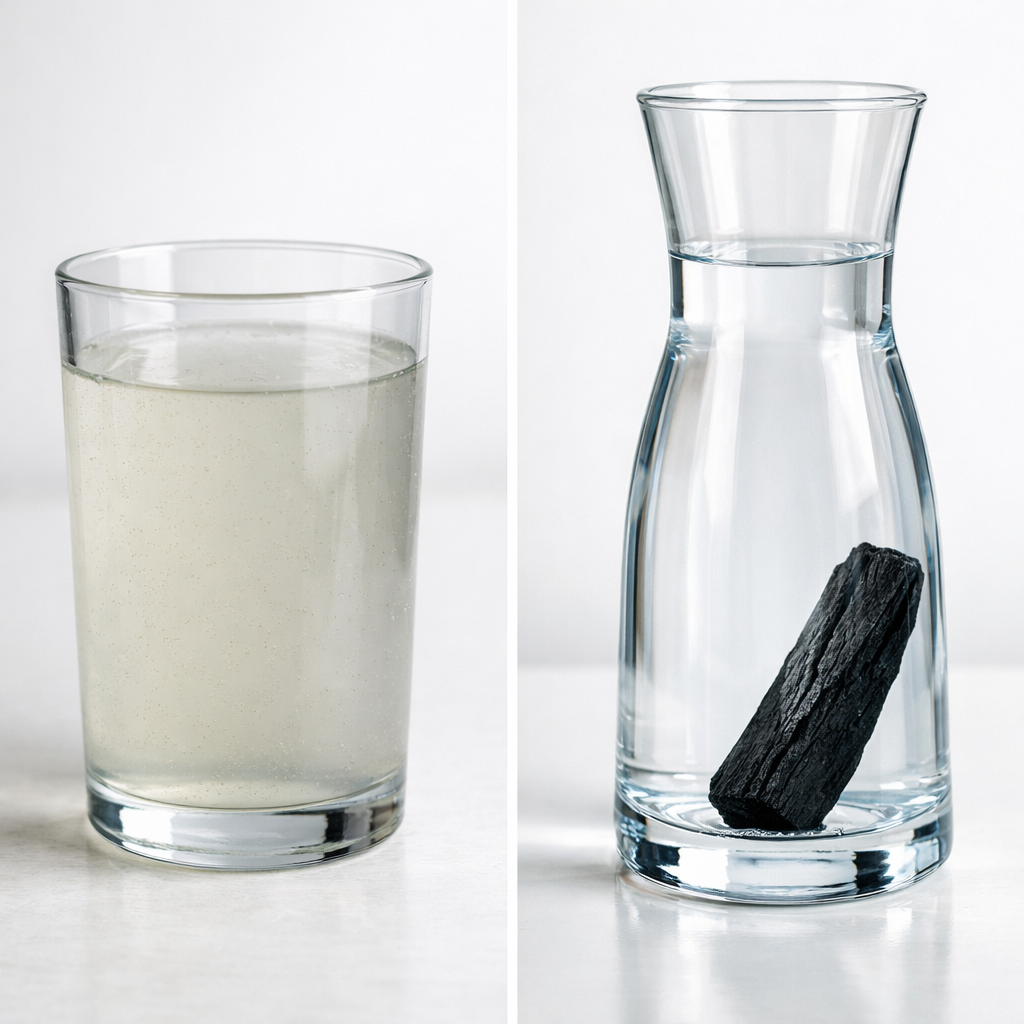 avant après filtration eau du robinet avec charbon actif binchotan dans carafe verre eau claire et pure