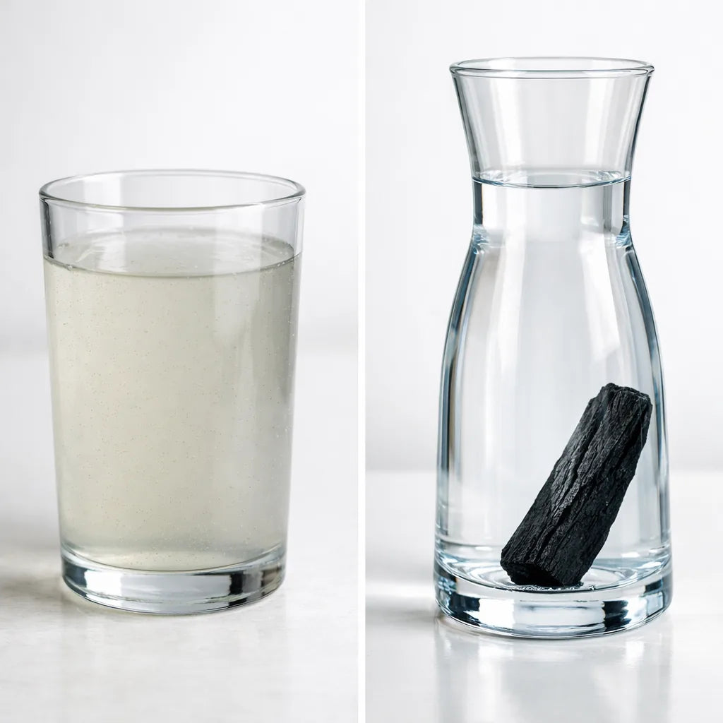 Eau filtrée avant/après avec charbon actif binchotan