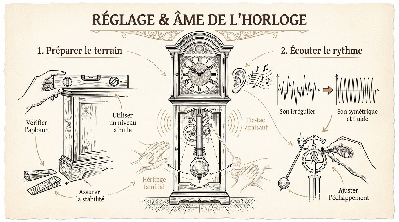 Schéma de réglage d'une horloge à balancier : mise à niveau et lecture du tic-tac
