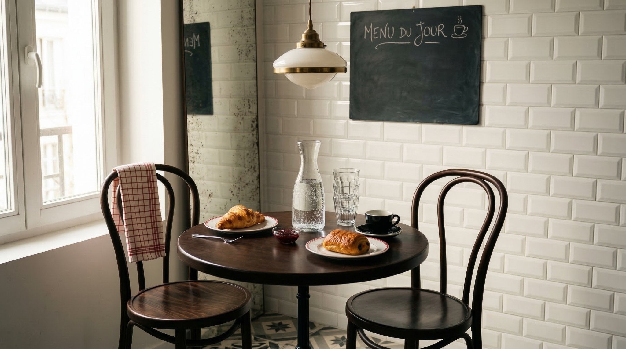 Coin repas aménagé dans un style bistrot parisien avec table ronde en bois, chaises Thonet, carafe d'eau et mur en carreaux de métro blancs.