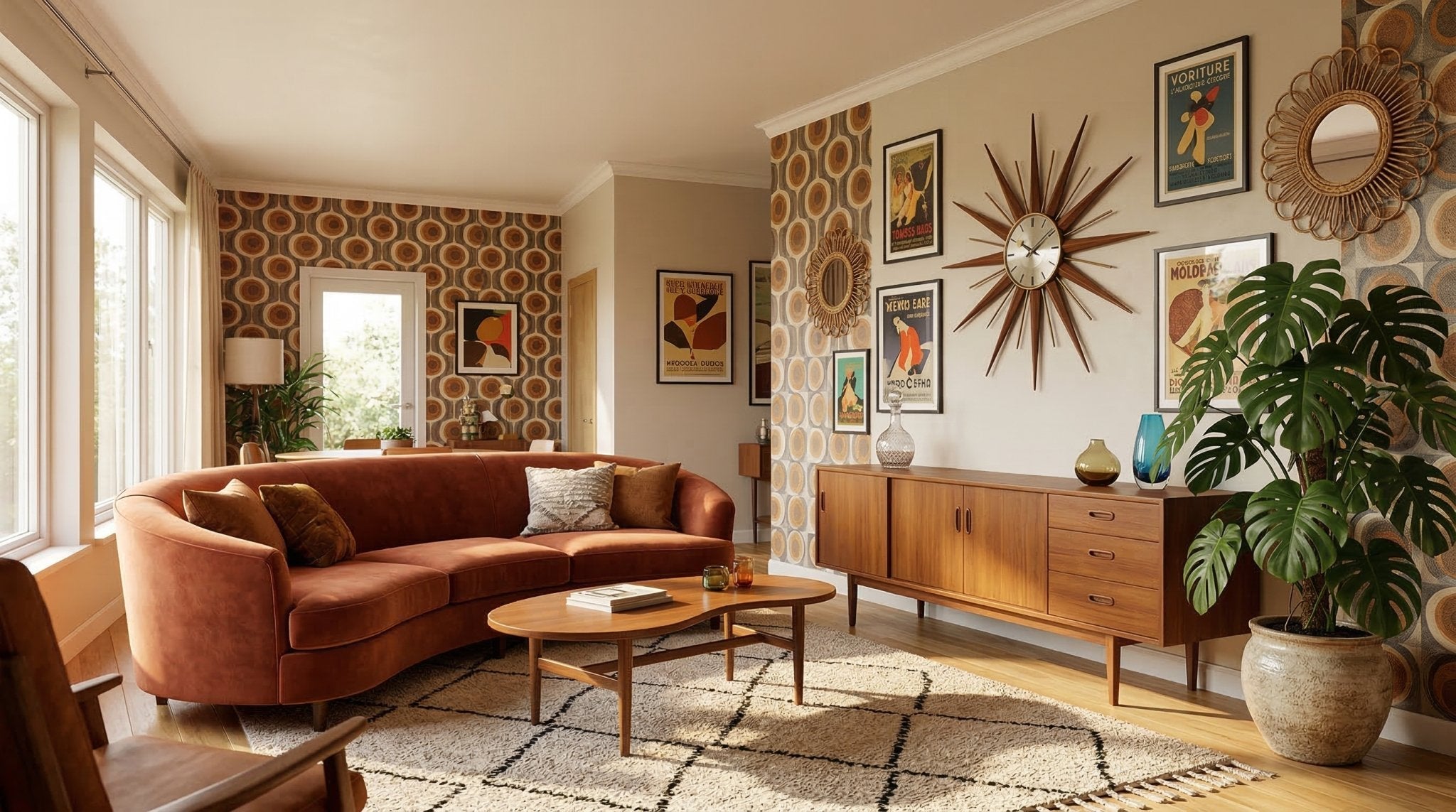 Salon décoration vintage avec canapé velours terracotta, enfilade en teck et grande horloge murale rétro.