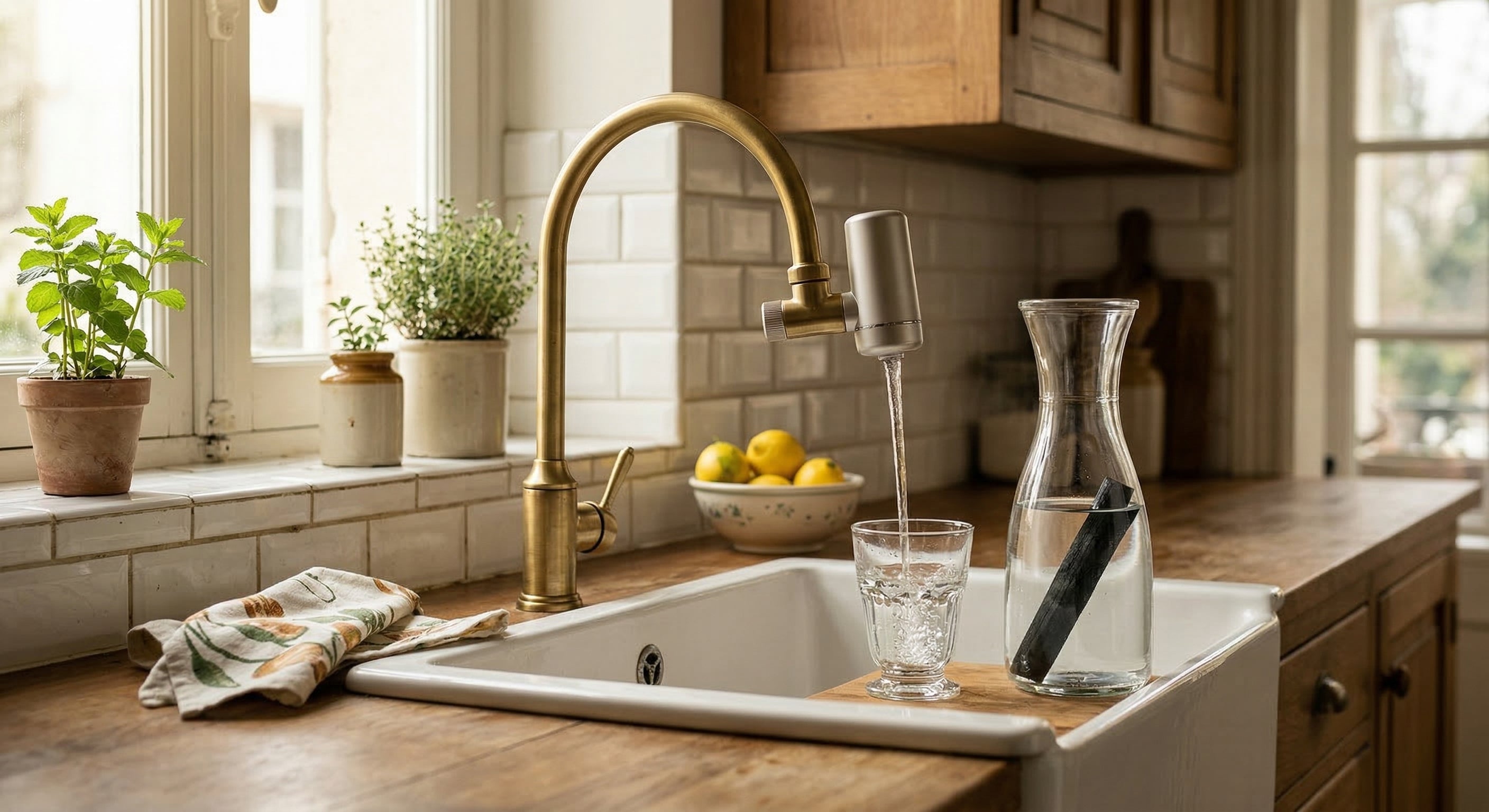 Un robinet en laiton de style vintage équipé d'un filtre à eau remplissant un verre dans une cuisine lumineuse, à côté d'une carafe en verre contenant un bâton de charbon actif purificateur Binchotan.