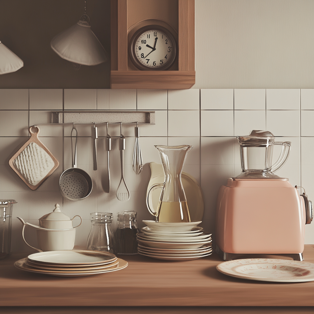 Résumé d’une cuisine vintage avec des appareils rétro, des meubles en bois et des objets décoratifs nostalgiques.