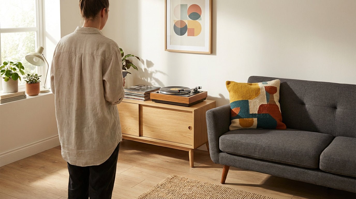 Intérieur rétro scandinave avec tourne-disque sur meuble en bois et canapé aux coussins géométriques