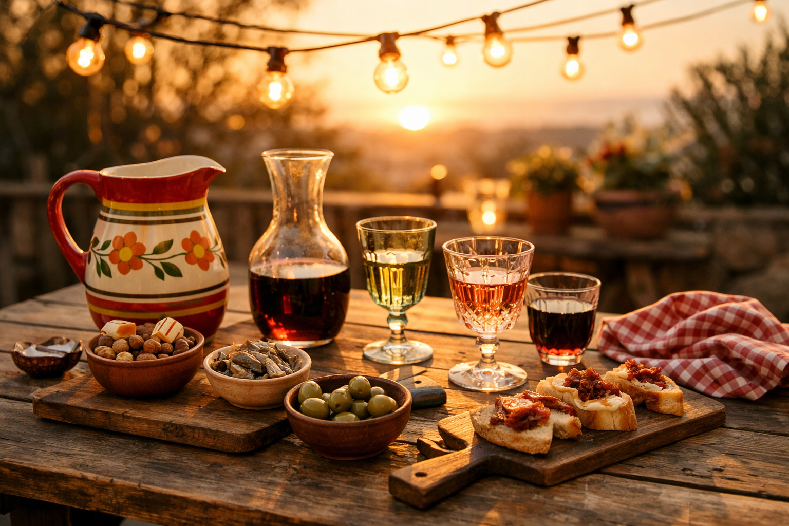 table apéro guinguette vintage avec pichet coloré et carafe sur terrasse