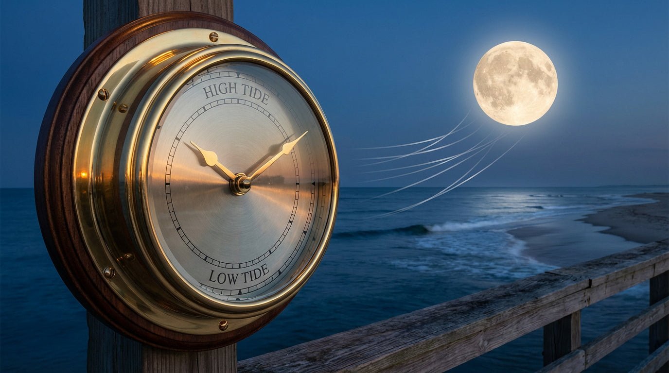 Horloge des marées en laiton sur fond de pleine lune et océan