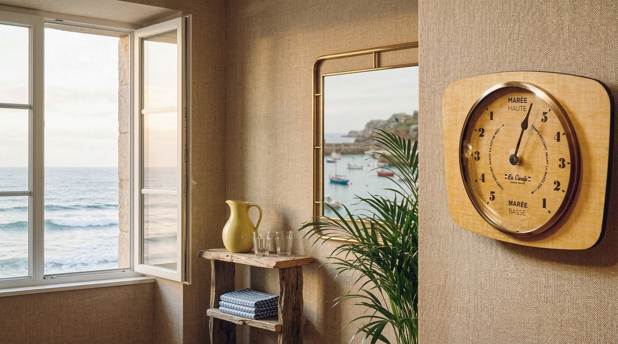 Horloge des marées vintage La Carafe au design bois, accrochée dans un intérieur marin avec vue sur l'océan.