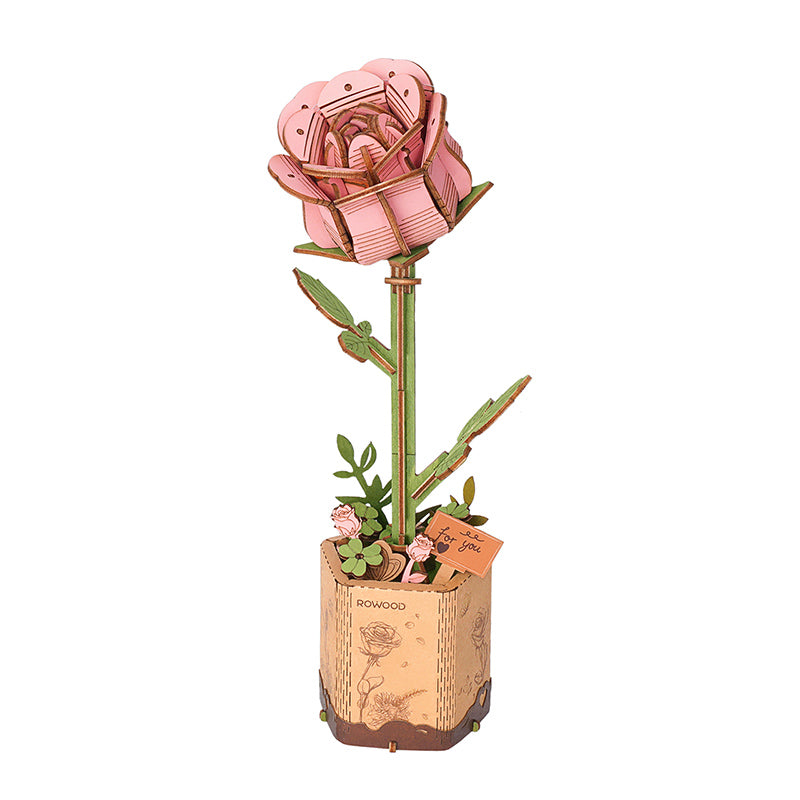 Fleur en bois Rowood Pink Rose assemblée, rose à monter pour un bouquet éternel