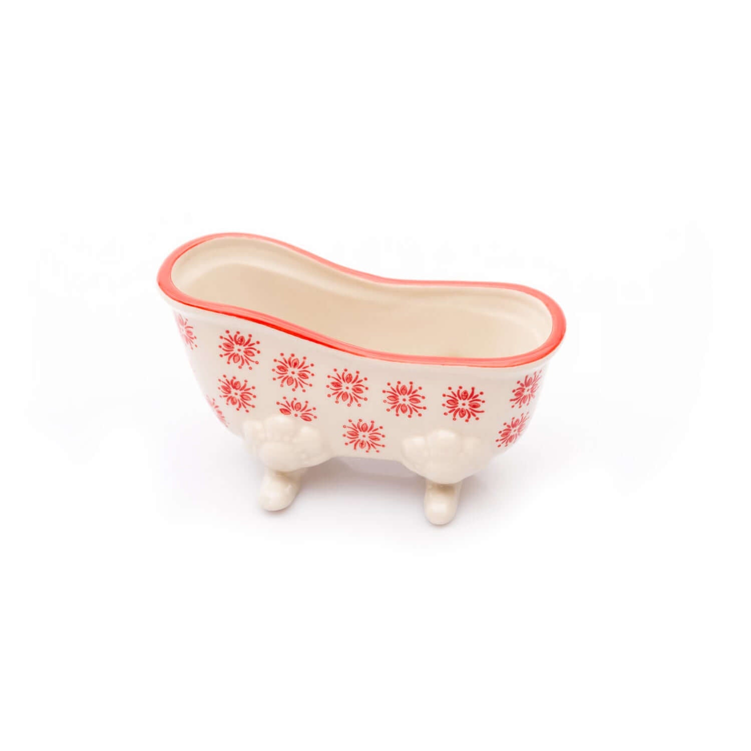 Porte-savon céramique rouge et blanc en forme de baignoire, accessoire de salle de bain décoratif et pratique pour garder le savon au sec.