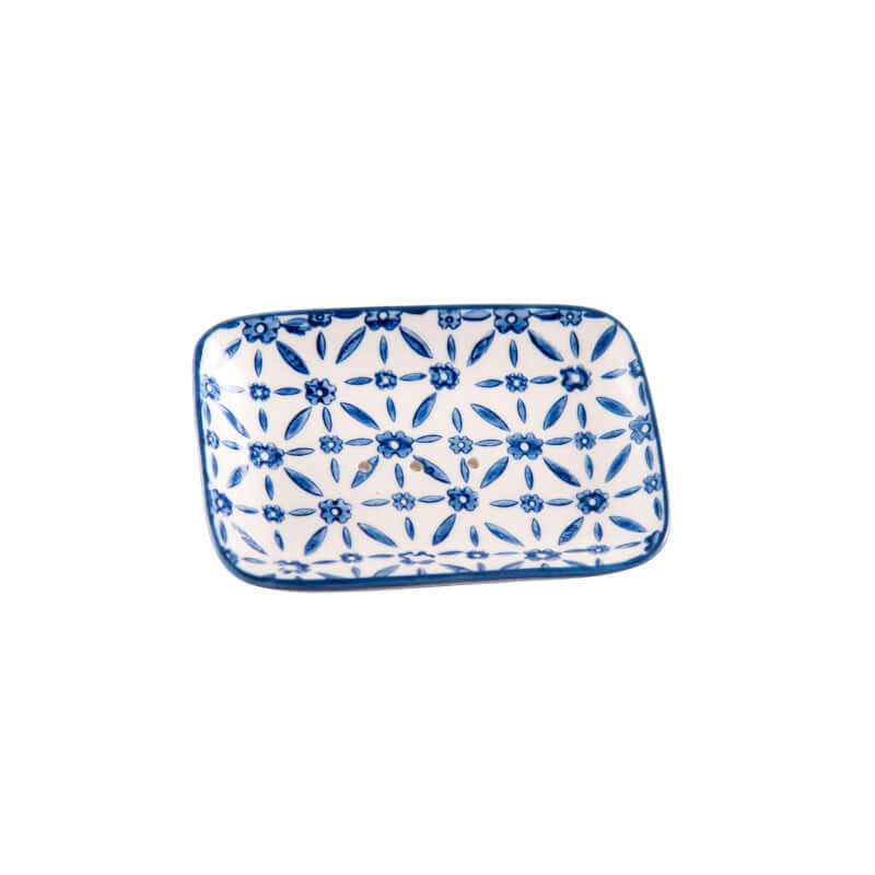 Porte savon céramique rectangulaire bleu à motifs blancs, élégant et fonctionnel pour salle de bain.