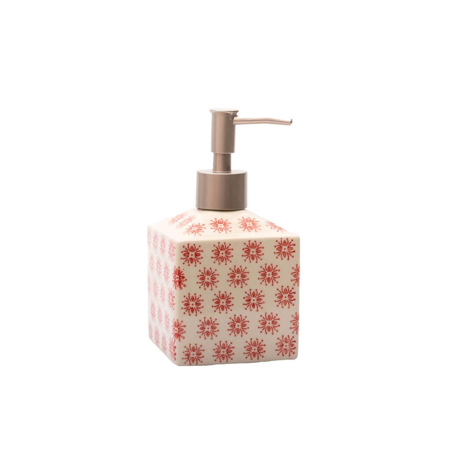 Distributeur de savon liquide en céramique rouge et blanc à motifs, parfait pour une salle de bain élégante.