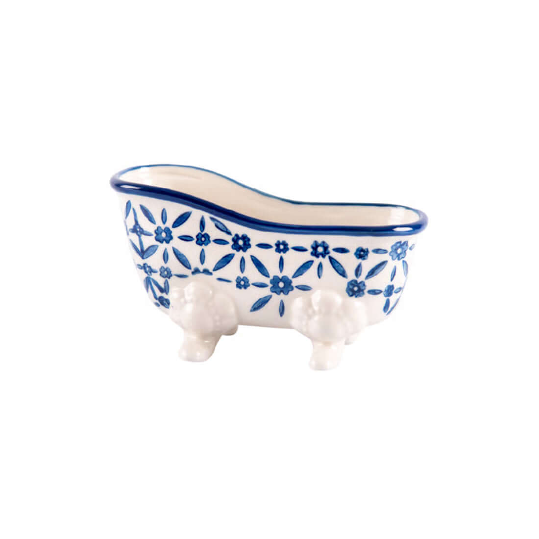 Porte-savon céramique en forme de baignoire bleu et blanc avec motifs délicats pour salle de bain élégante.