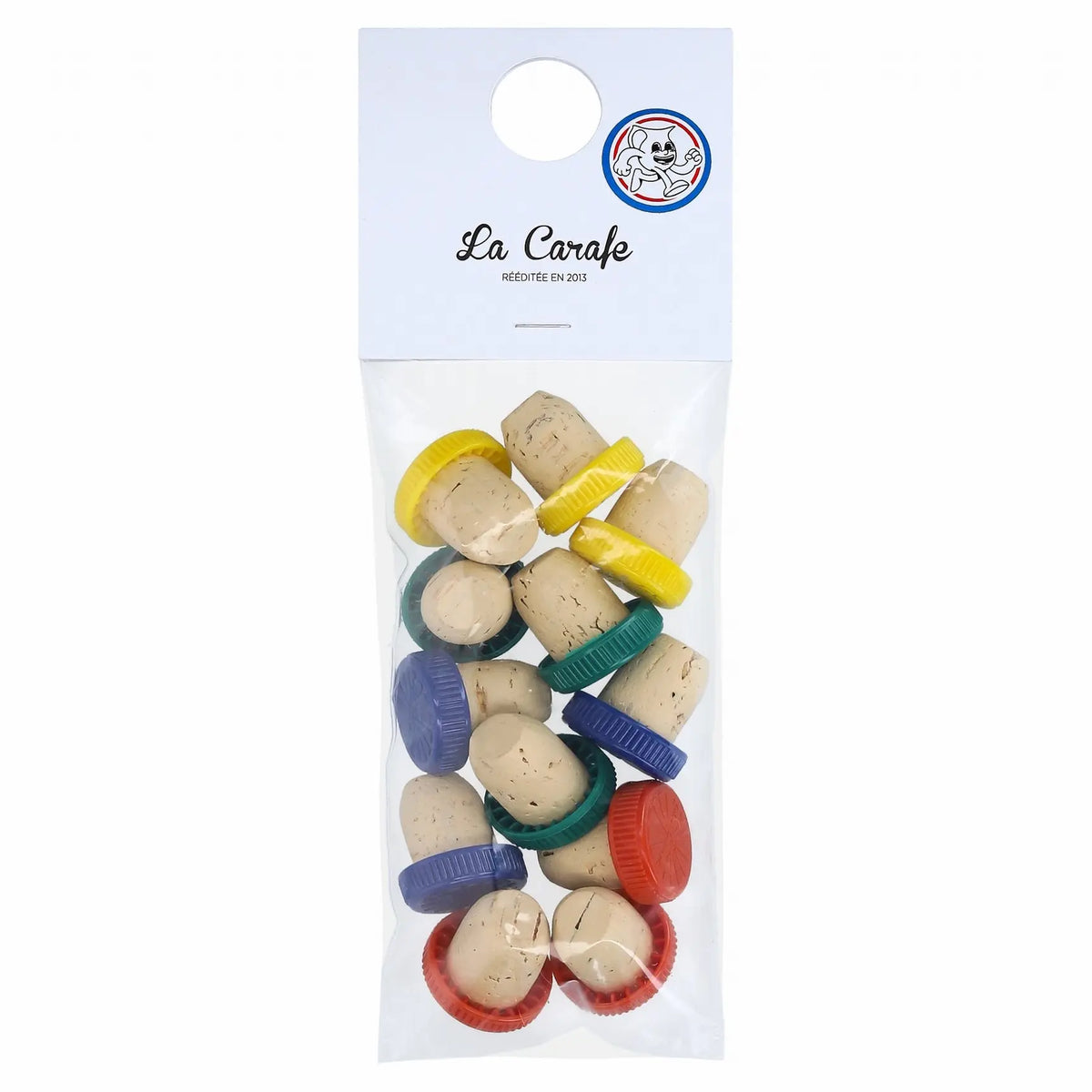 Lot de 12 bouchons à vin en liège vintage aux couleurs rétro, parfaits pour décoration maison et accessoires cuisine vintage.
