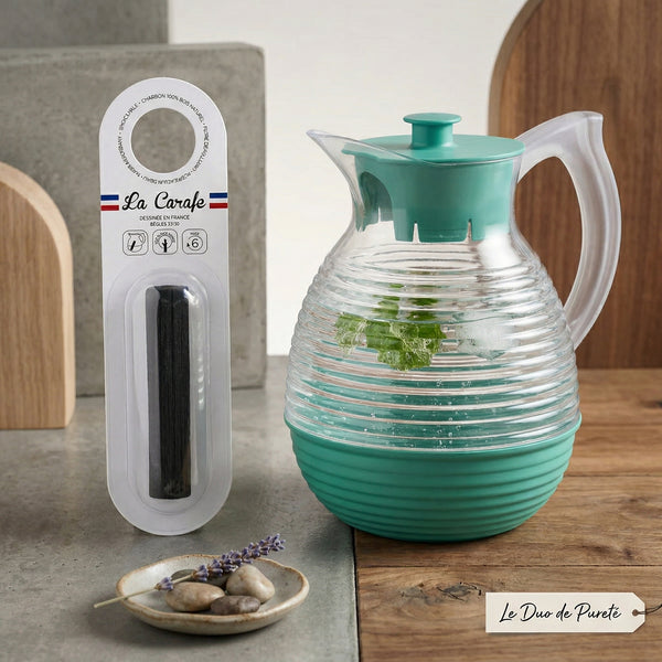 Pack Purification · Carafe Abricot + Charbon en verre vintage rainuré, style rétro années 50-70 pour décoration maison authentique.