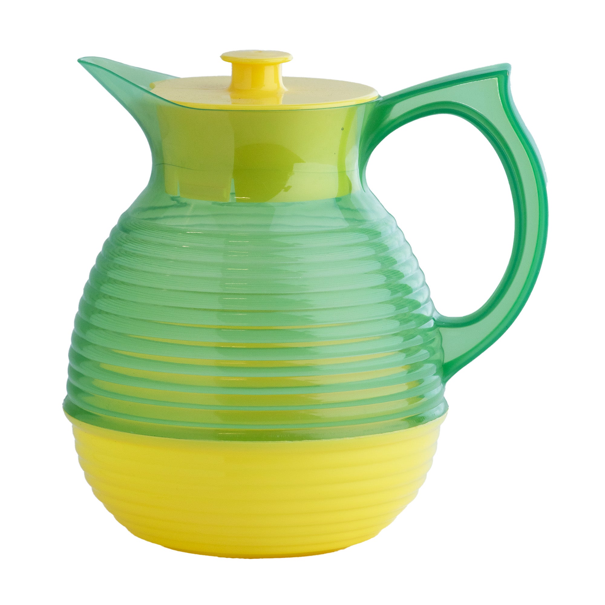 La Carafe Citron Vert Retro Design 1,3L en plastique alimentaire, style vintage années 50-70, pichet bicolore vert citron et jaune, fabriqué en France.