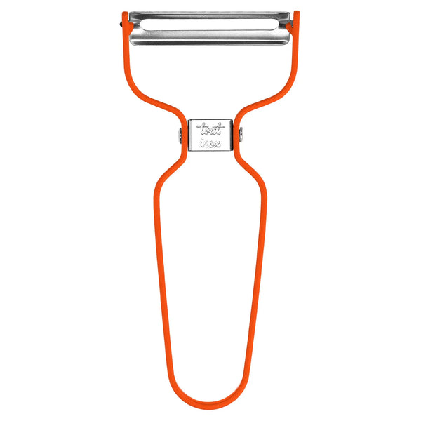 Épluche Légume Double Lame vintage en acier inox et manche orange, ustensile cuisine rétro années 50-70, déco maison vintage.