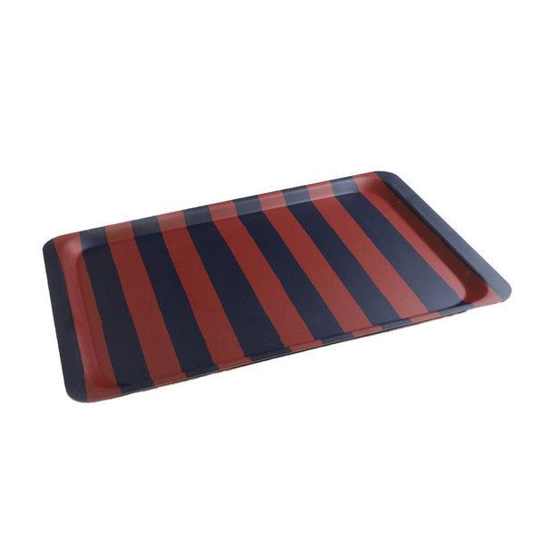 Grand plateau rectangulaire motif rayures rouge et bleu, design rétro vintage années 50-70, décoration maison authentique.