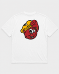 T-shirt Mask Logo blanc, dos – grand imprimé mascotte rouge et jaune
