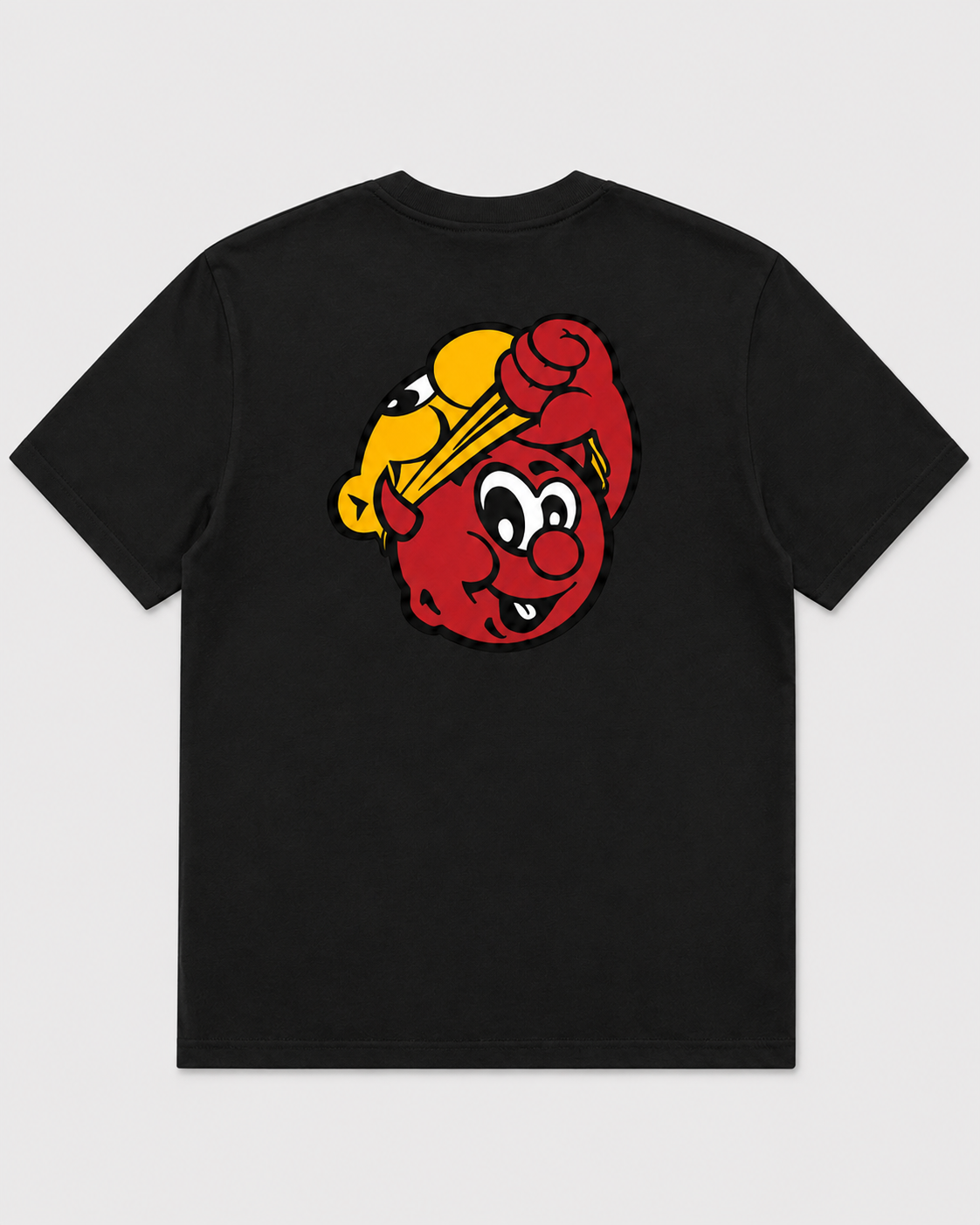 T-shirt Mask Logo noir, dos – grand imprimé mascotte rouge et jaune