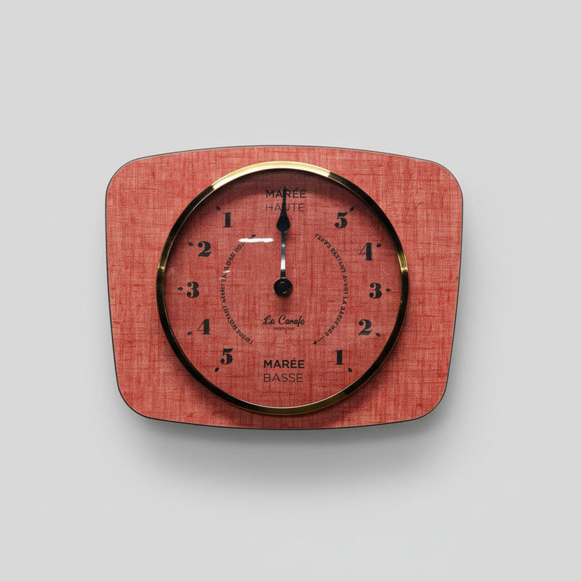 Horloge des marées rouge corail vintage, pendule à marée cadran Marée Haute Basse, format rectangulaire 27x18 cm, La Carafe