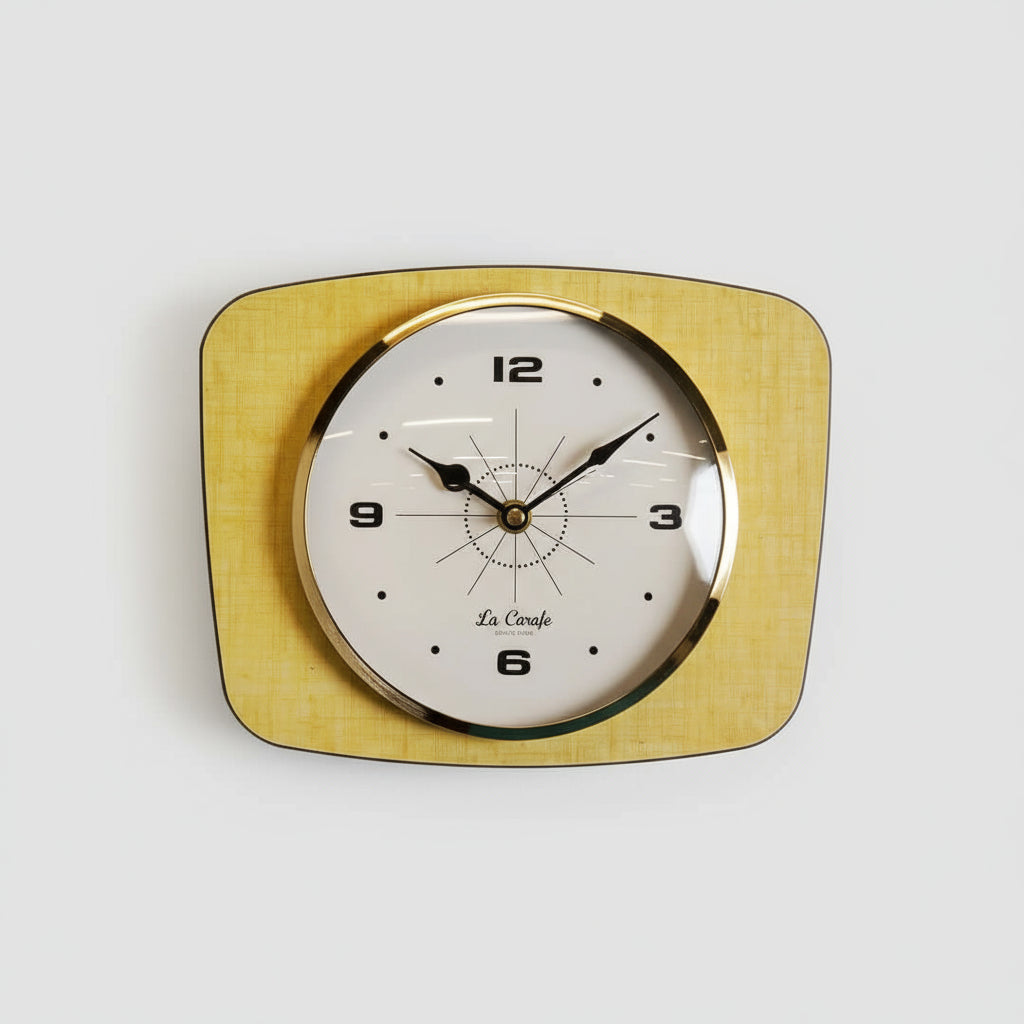 Horloge murale rectangulaire vintage au design rétro et couleurs passées, ajoutant une touche nostalgique à la décoration intérieure.