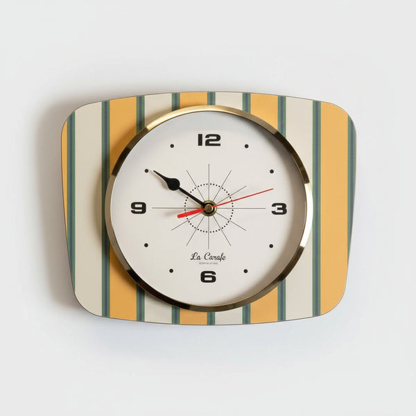 Horloge Murale Rectangulaire Rayures Vert et Jaune Cadran Beige – Pendule Rétro vintage années 50-70 déco maison rétro authentique
