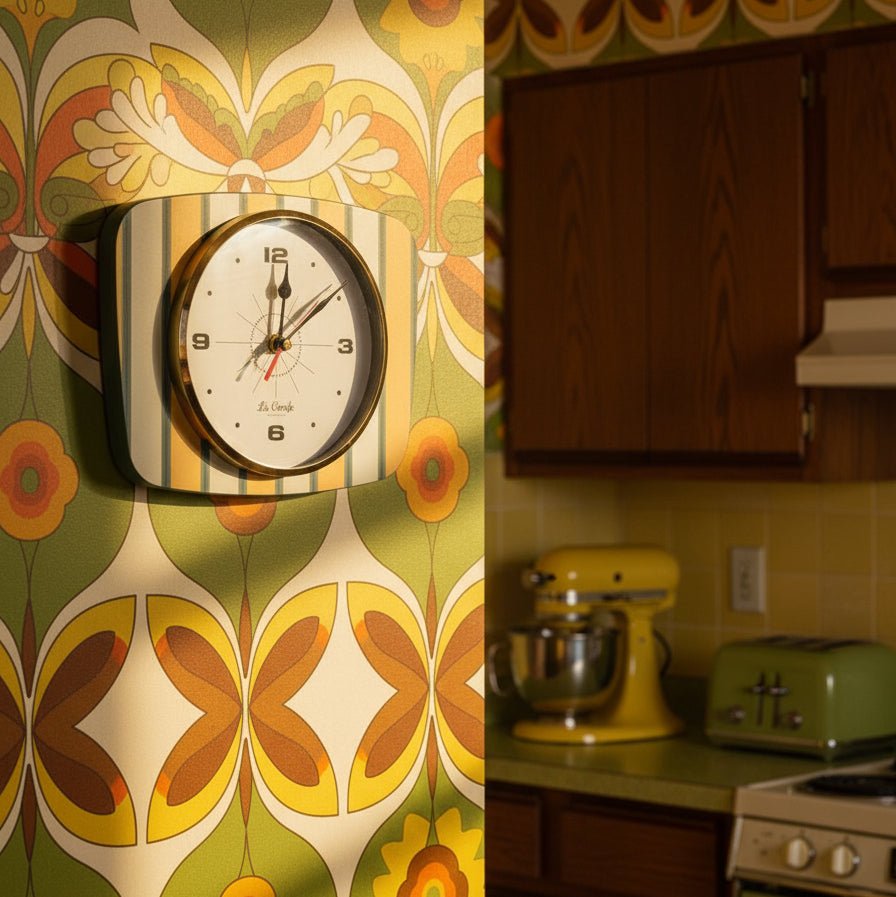 Horloge murale rectangulaire motif rayures vert / jaune – Cadran beige