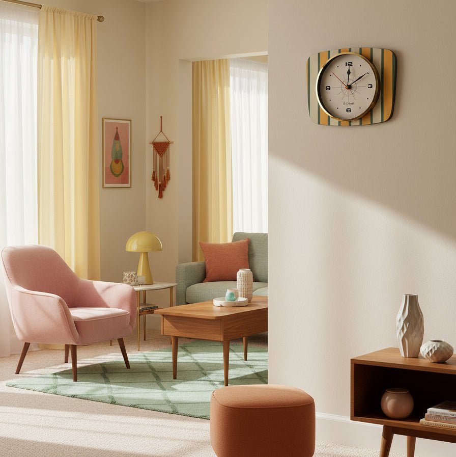 Horloge murale rectangulaire motif rayures vert / jaune – Cadran beige