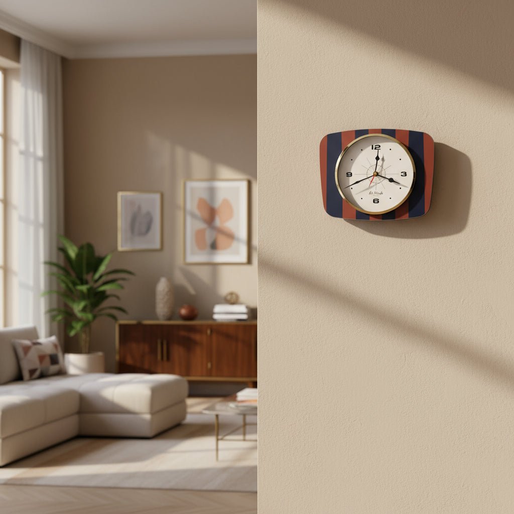 Horloge murale rectangulaire motif rayures bleu marine / rouge bordeaux – Cadran beige - La Carafe