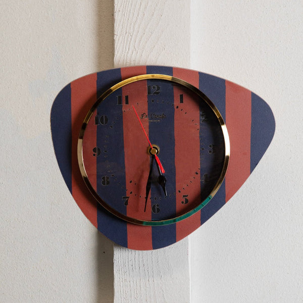 Horloge murale médiator motif rayures bleu / rouge, style vintage années 50-70, décoration maison rétro authentique.