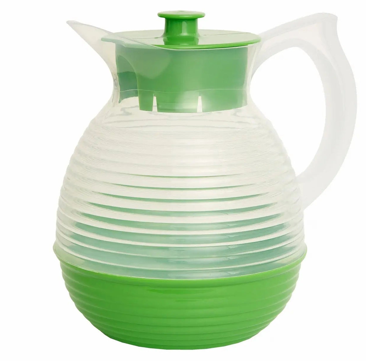 Carafe vintage en plastique vert et blanc style rétro années 50-70, design rond et rainuré pour décoration cuisine vintage.