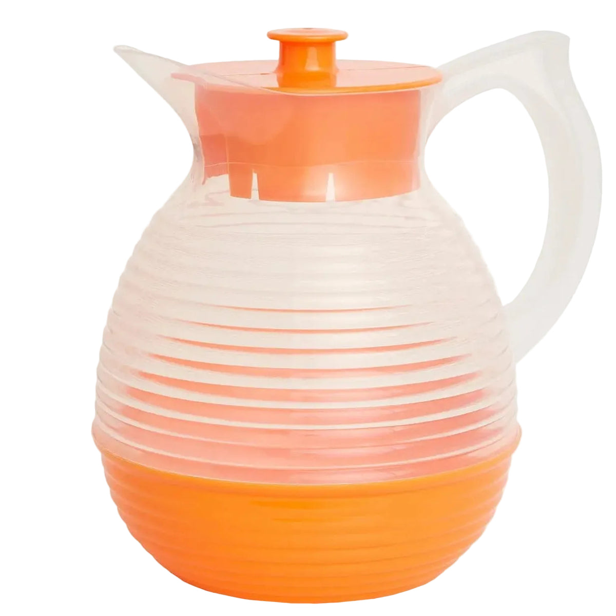 Carafe vintage en plastique orange et transparent des années 60-70, style rétro et design fonctionnel pour cuisine vintage.