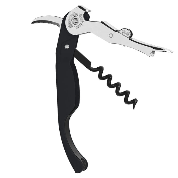 Tire-bouchon vintage années 50-70 en métal et plastique noir, accessoire cuisine rétro au design authentique.