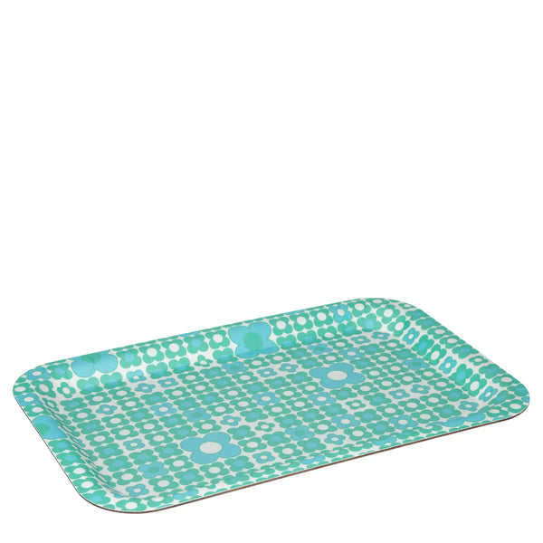 Petit plateau rectangulaire motif Bleuet en métal, design vintage rétro années 50-70, décoration maison authentique.