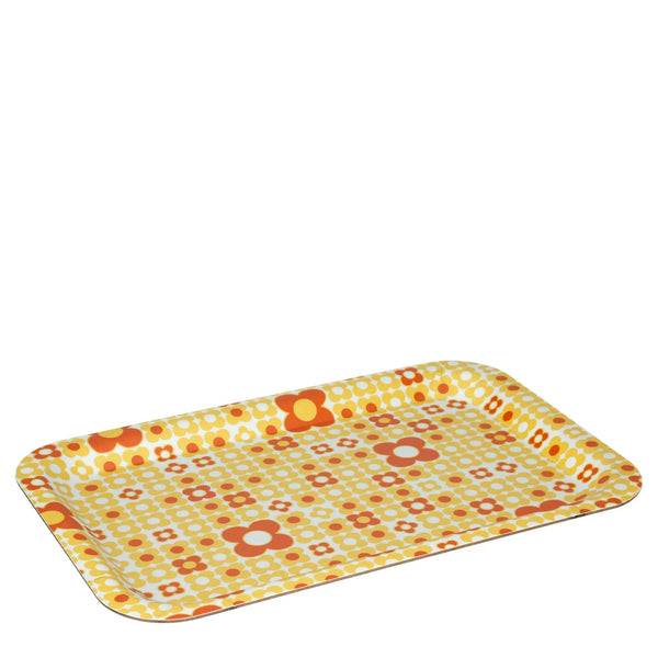 Petit plateau rectangulaire motif Capucine vintage années 60-70 aux motifs floraux orange et jaune pour décoration maison rétro.