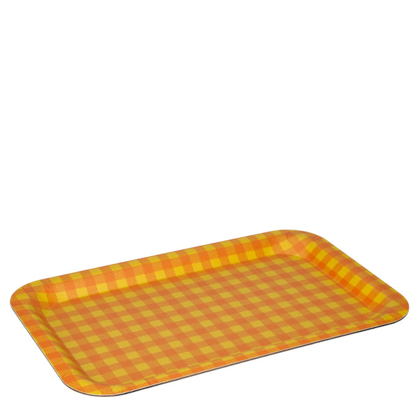 Petit plateau rectangulaire motif Vichy orange Pamplemousse, vintage années 50-70, décoration maison rétro authentique.