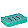 Boîte vintage années 50 en plastique turquoise à motif quadrillé bleu pour décoration maison rétro élégante.