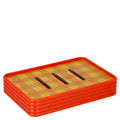 Porte-savon vintage en plastique orange et motif damier jaune, style années 50-70 pour décoration maison rétro.