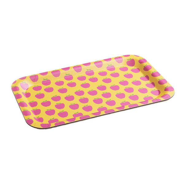 Petit plateau rectangulaire motif pommes vintage années 60-70, design rétro coloré pour décoration maison authentique.