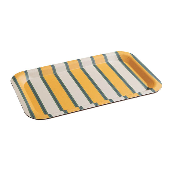 Petit plateau rectangulaire motif rayures jaune et vert vintage des années 50-70 pour décoration maison rétro authentique