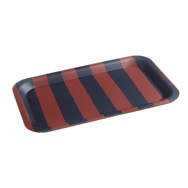 Petit plateau rectangulaire motif rayures rouge et bleu, vintage années 50-70, déco maison rétro et art de la table.