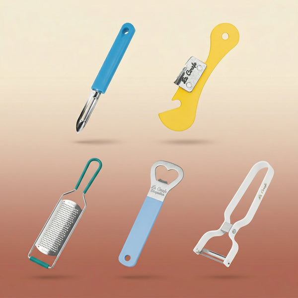 Kit Cuisine Rétro · 5 Ustensiles Essentiels en inox et plastique coloré, style vintage années 50-70, décoration maison rétro.