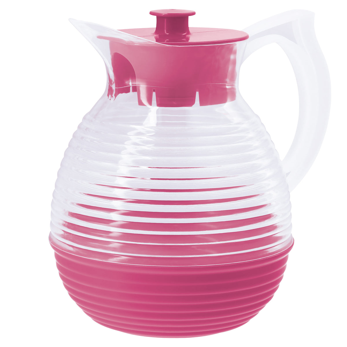 Carafe en verre vintage années 50-70 avec couvercle et base plastique rétro rose pour décoration maison vintage