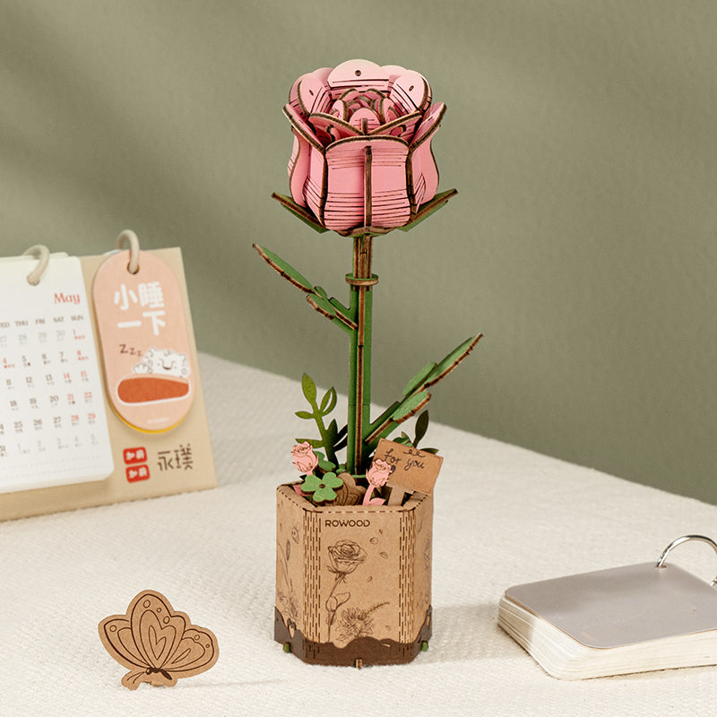 Fleur en bois à assembler ROWOOD Rose rose TW041