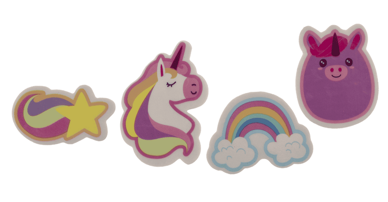 Quatre gommes fantaisie licorne et arc-en-ciel