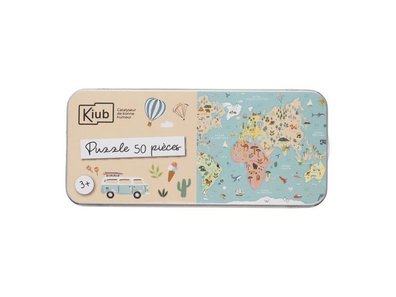Puzzle Carte du monde 50 pièces en boîte métal