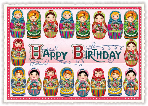 Carte postale Happy Birthday, poupées russes - ACTE TRE
