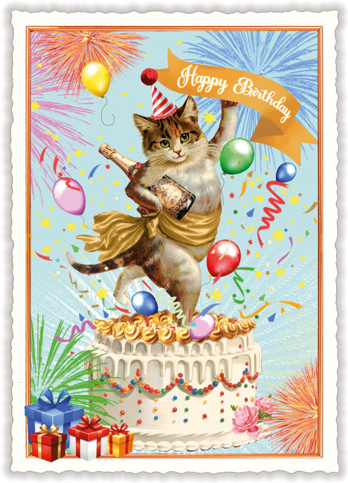 Carte postale Happy Birthday, chat en fête - ACTE TRE